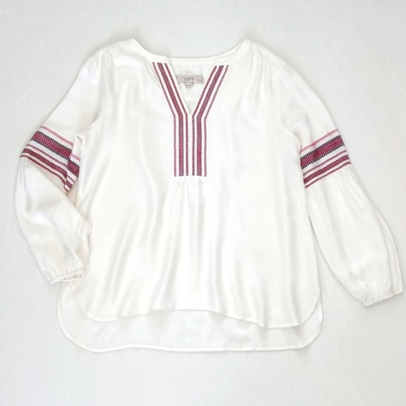 Ann Taylor LOFT Cream Rayon Blend Blouse w Red Stripe Embroidery Trim Blouse MP - Picture 10 of 13